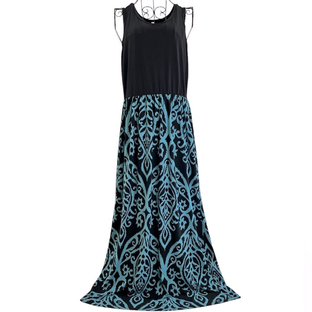 Soft Knit Sleeveless Black Teal Maxi Dress Geometric Print Size Medium